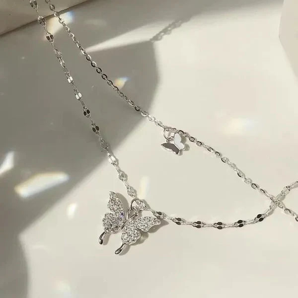 Silver Double Chain Butterfly Necklace
